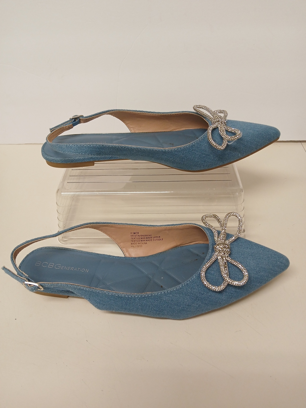 BCBGeneration Blue Pointed Slingback Flats with Crystal Bow - Picture 3 of 7